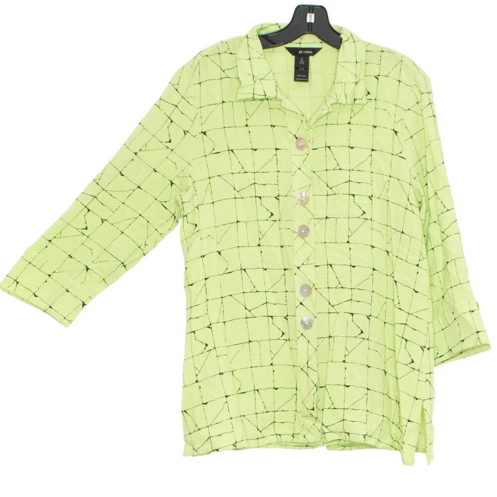 Ali Miles Boho Artsy Abstract Green Button Up Top 3/4 Sleeve Lagenlook M Spring